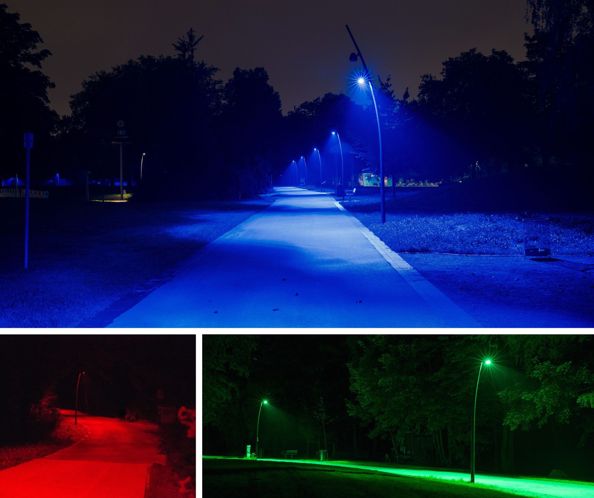 Wege in den Revierparks leuchten in blauen, grünen und roten Farben.